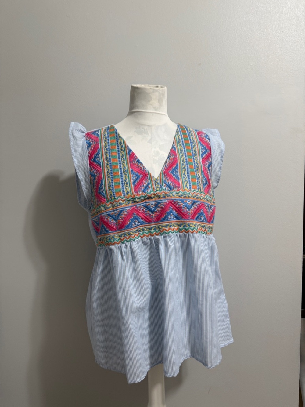 Savanna Jane Seersucker Striped Tunic with Aztec Embroidered Yoke